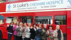 St Luke’s Hospice red bus “Frock Stop” back in Nantwich