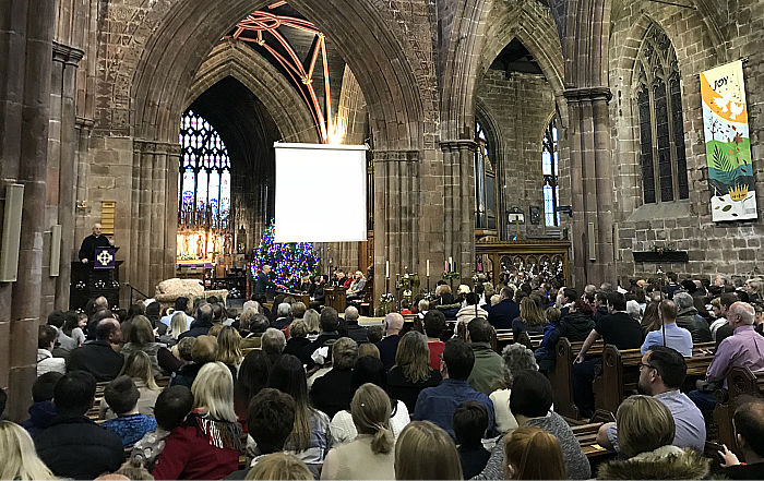 St Mary's Church Nantwich – Crib Service - Rev Stephen Snelling at the pulpit (1)