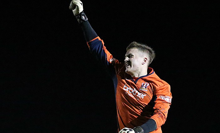 Stalybridge Celtic keeper Jack Walton celebrates their injury time winner