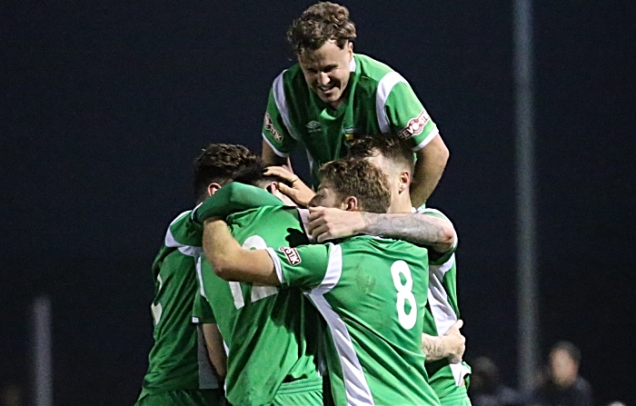 Third and winning Nantwich Town goal - Steve Jones celebrates with teammates (1)