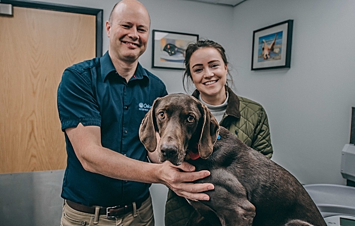 Vet Charlie Sale of Oakwood Vet Referrals is pictured with Cola's ownerRebecca Vickers and Cola