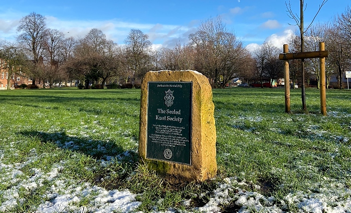 Volunteer Fields - metal plaque & stone and mature tulip tree (1)