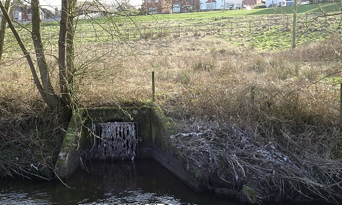 Waste from a storm drain at Wistaston Brook with Wistaston Brook housing estate in background (1)