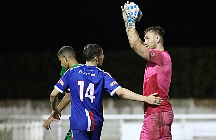 Winning penalty scorer Jacob Lovatt congratulates Chasetown FC goalkeeper Curtis Pond (1)