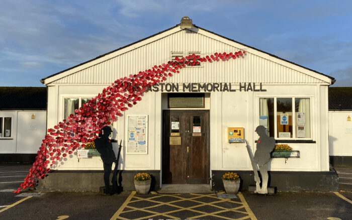 Wistaston Memorial Hall - Remembrance Day poppy cascade and silhouetted soldiers (2)