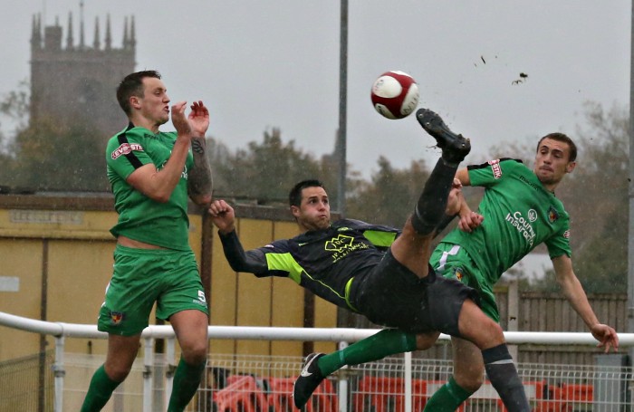 Witton Albion player Rob Hopley with an overhead scissors kick on goal