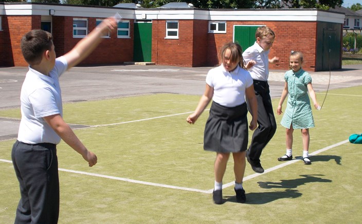 Wyche Primary pupils Joshua, Kacey, Joe and Lacey skipping for BHF