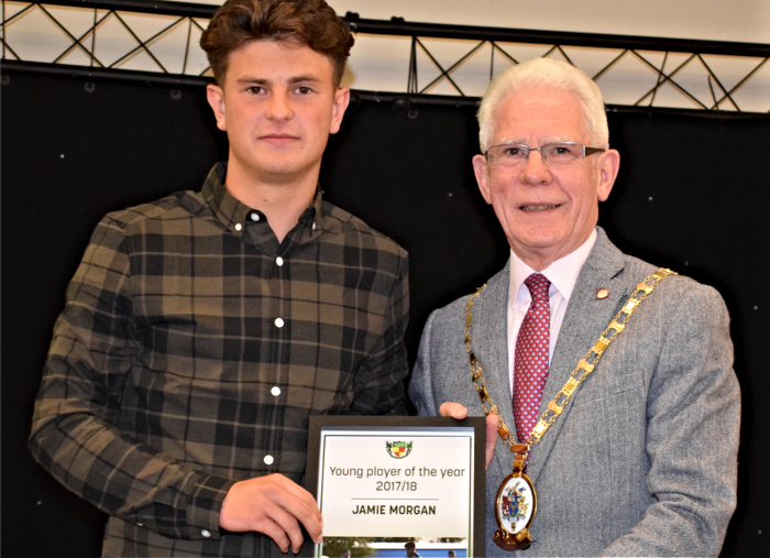 Young player of the year 2017-18 - Jamie Morgan - left - receives his award from Mayor of Cheshire East Councillor Arthur Moran (1)