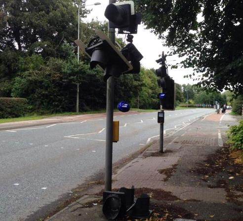 destroyed lights at Reaseheath crossing on A51