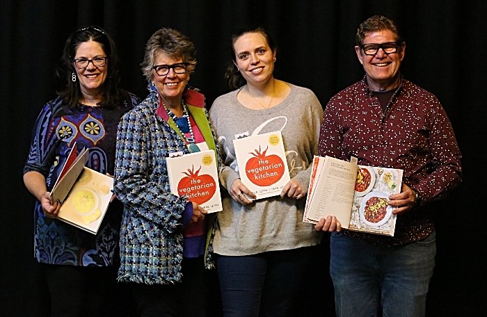 l-r Denise Lawson - Prue Leith - Peta Leith - Steve Lawson all holding The Vegetarian Kitchen cookbook (1)