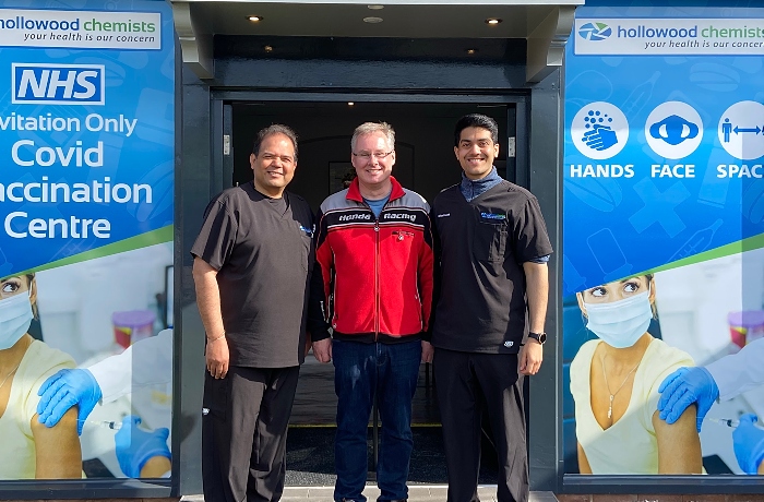 l-r Raj Patel MBE - Roger Morris - Jainil Patel at Acacia Suite (Masonic Hall Willaston) Covid Vaccination Centre entrance (1)