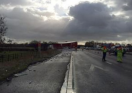 overturned lorry M6 crash Cheshire (pic from Cheshire Fire and Rescue)