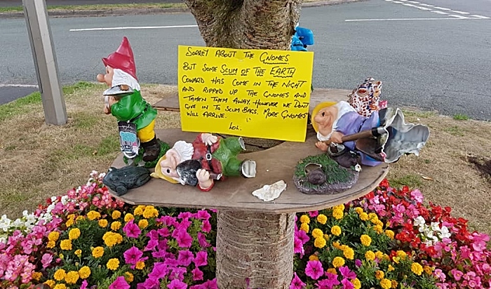 smashed up gnomes in Wistaston