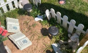 trampled fence around Theo's grave in Whitehouse Lane cemetery